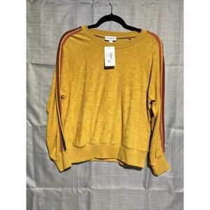 Evereve Yellow Terry Cloth Pullover Sweatshirt Striped Sleeve S rainbow 70s chic